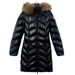 Moncler Black Down Puffer Coat With Fur-Trimmed Hood & Chevron Quilting Women’s